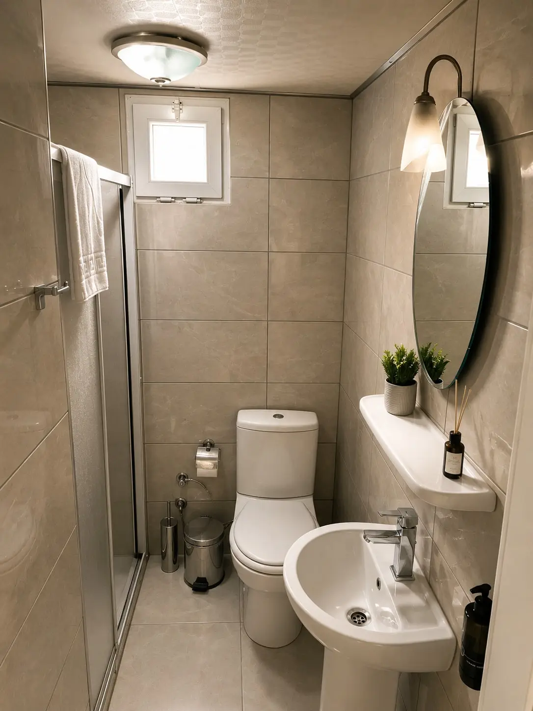 Das Bad: Duschkabine, Waschbecken, Spiegel und WC