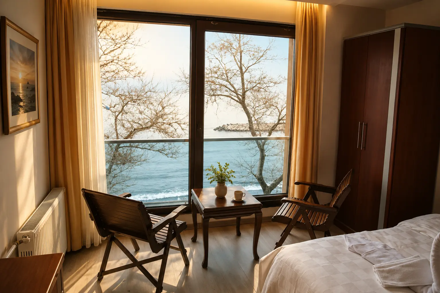 Zimmer mit Meerblick im Morgenlicht, mit zwei Holzstühlen und kleinem Tisch